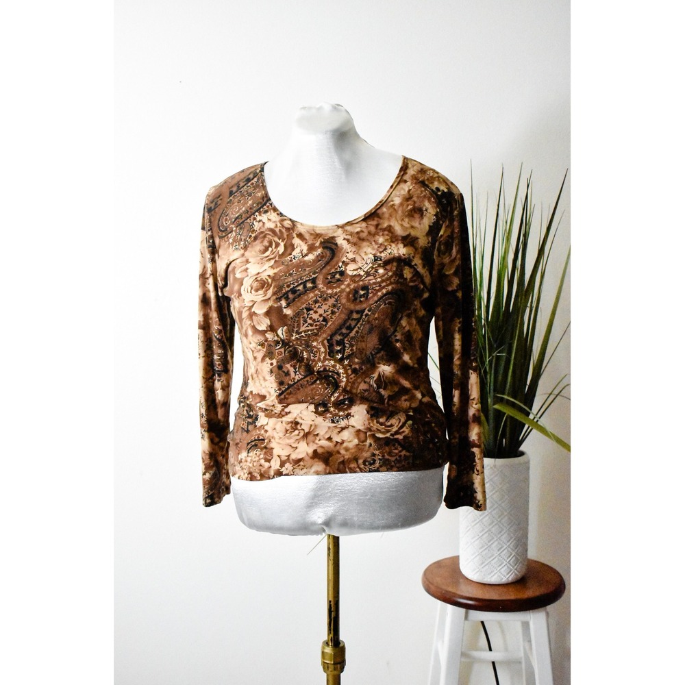 Suzie in the City‎ Top Women Large Brown Y2K Paisley Floral Long Sleeve Scoop